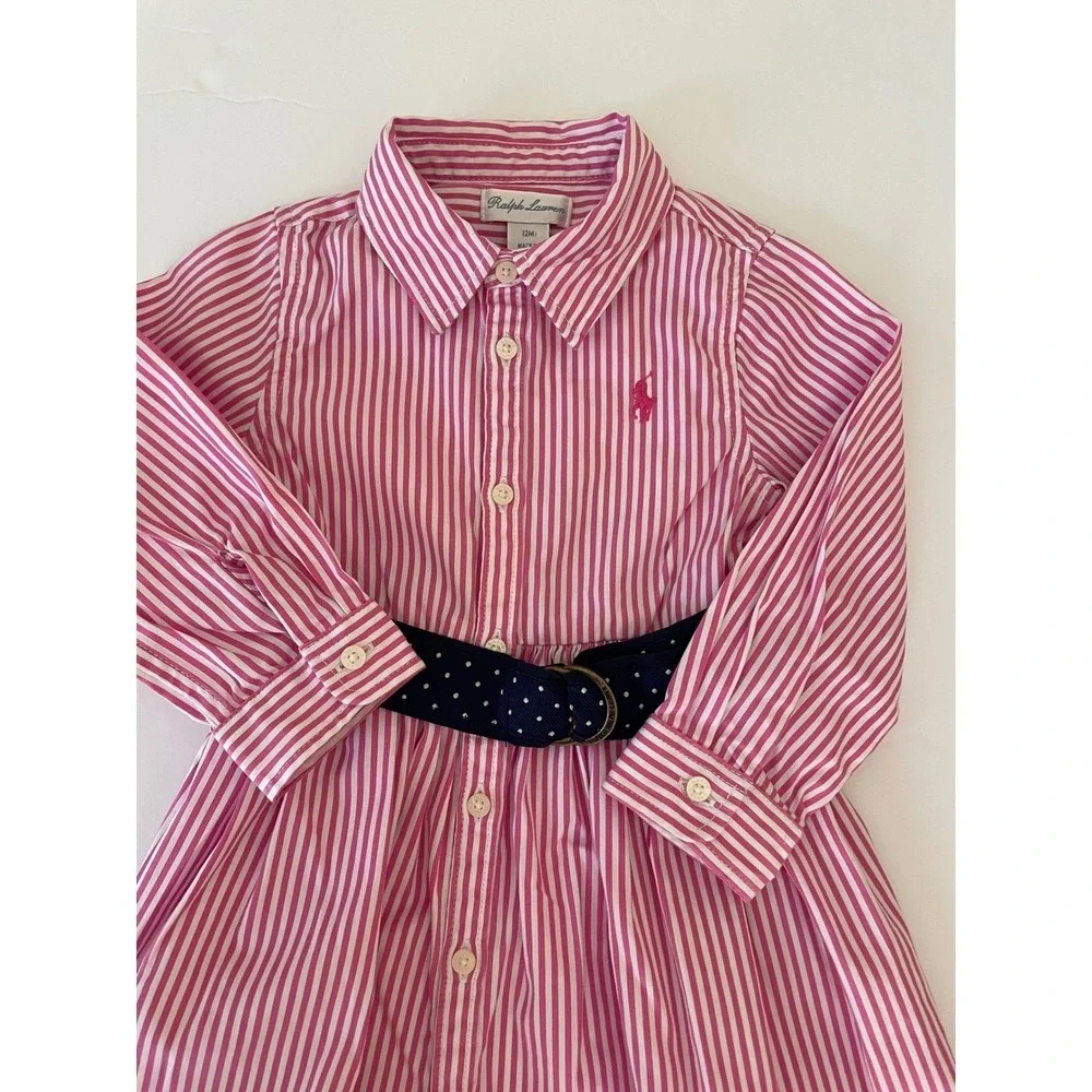Ralph‎ Lauren Pink White Stripe Button Front Dress Navy Polka Dot Belt Size 12M