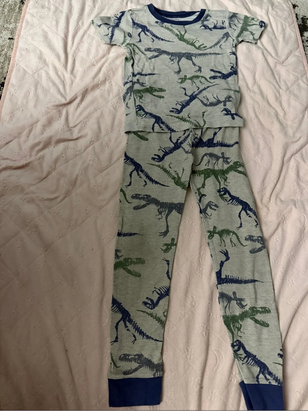 Kids Dinosaur Pajama Set in Heather Gray with Blue & Green Prints