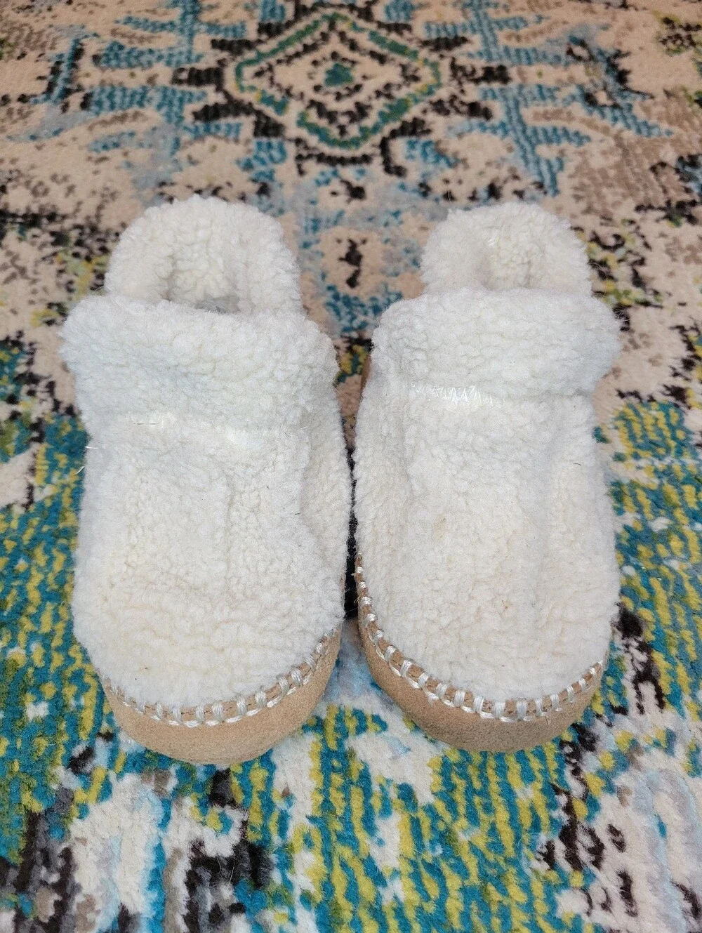 L.L.Bean Toddler Cozy Slipper Booties‎ In Natural White Pile Fleece, Kids 7-8