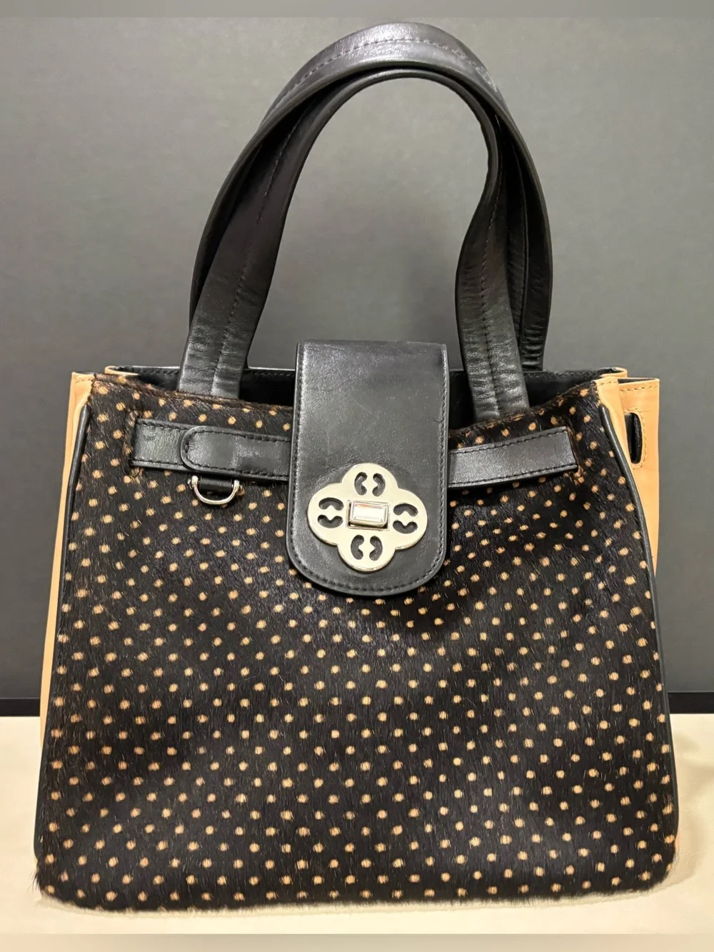 My Flat In London Black and Tan Animal Print Mixed Media Tote, Lux, Glam, Chic