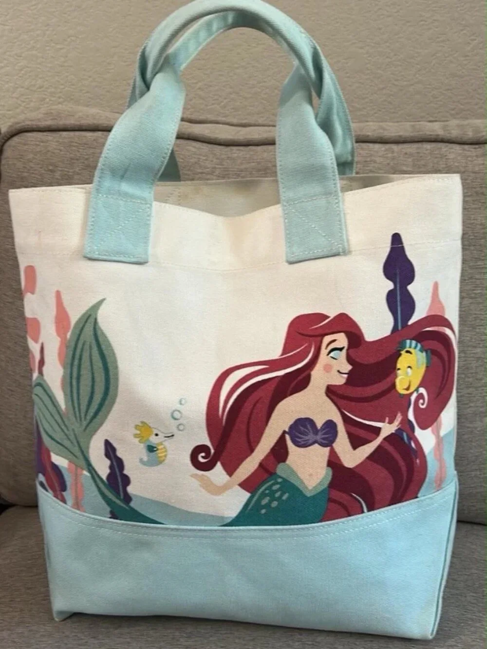 Pottery Barn Disney LITTLE MERMAID Princess Ariel & Flounder Canvas Tote Bag