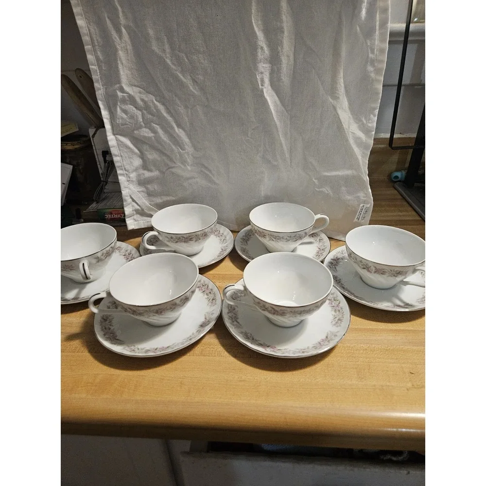 Vintage Teahouse Rose Dansico Fine China, (set of 6) Cup & Saucers, Pink Floral