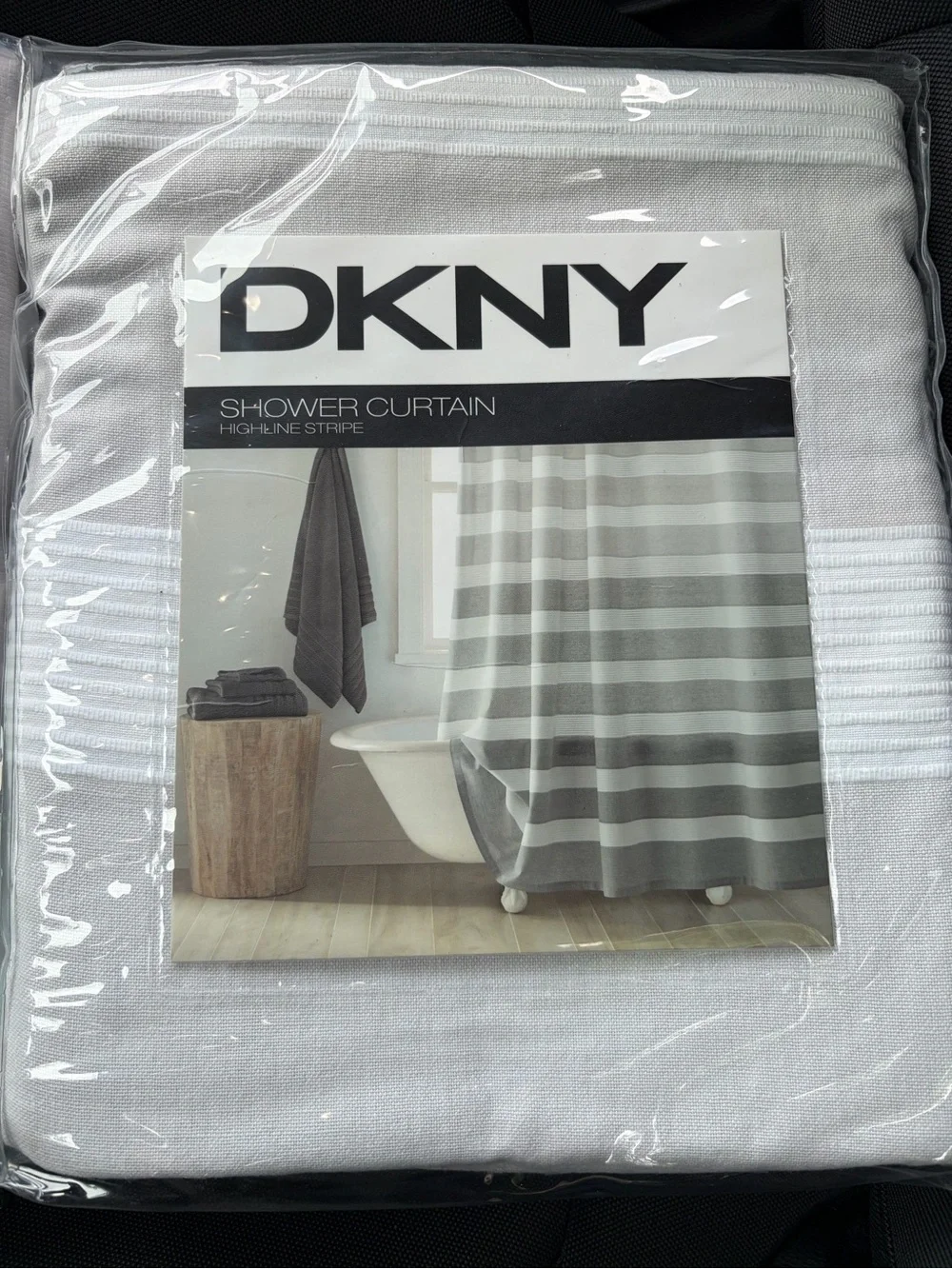 DKNY White Striped Shower Curtain with Silver Hooks & Curtain Liner