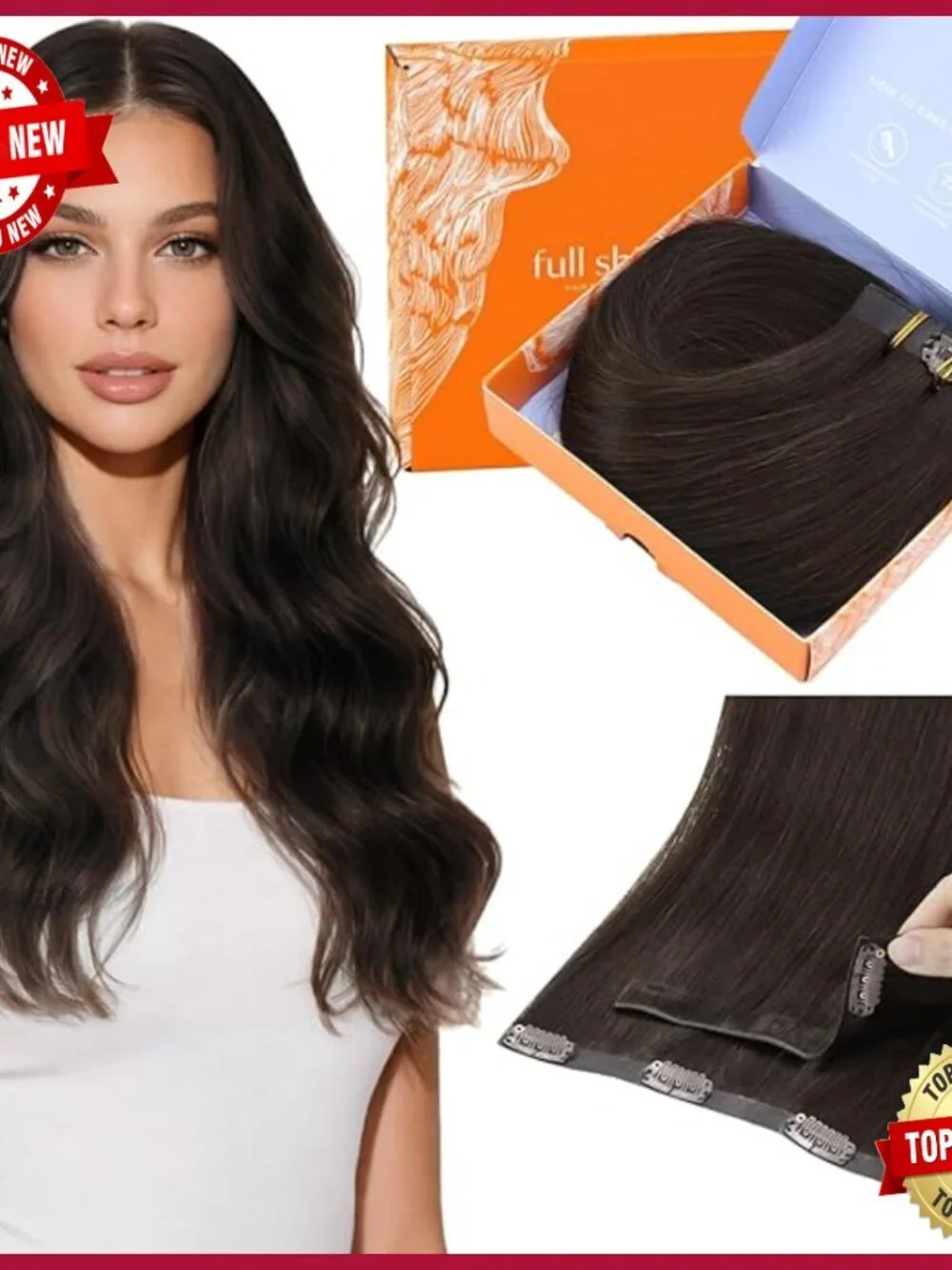18 Inch Straight Human Hair Extensions, 7 Piece Clip-In Set for Volume
