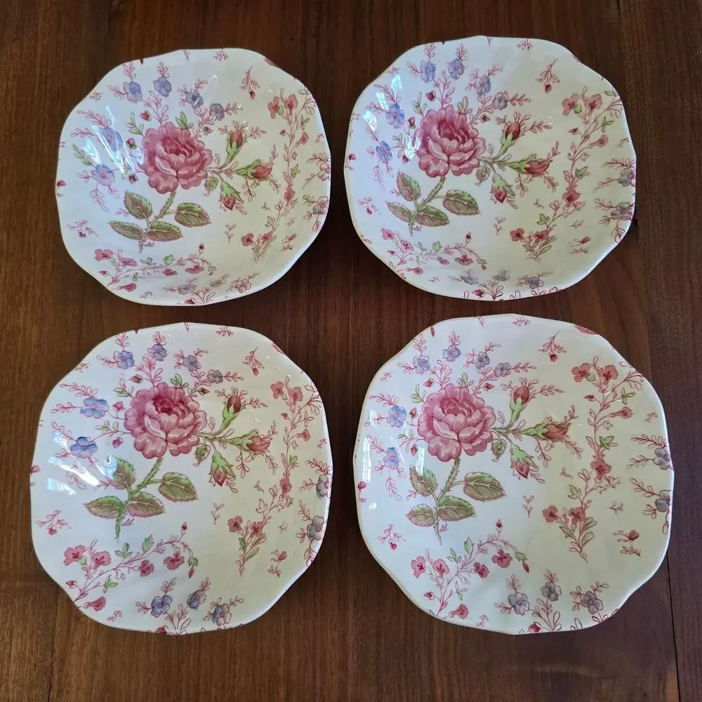 Vintage Johnson Brothers Rose Chintz Ironstone 4 Soup Bowls Cottagecore 30s-50s