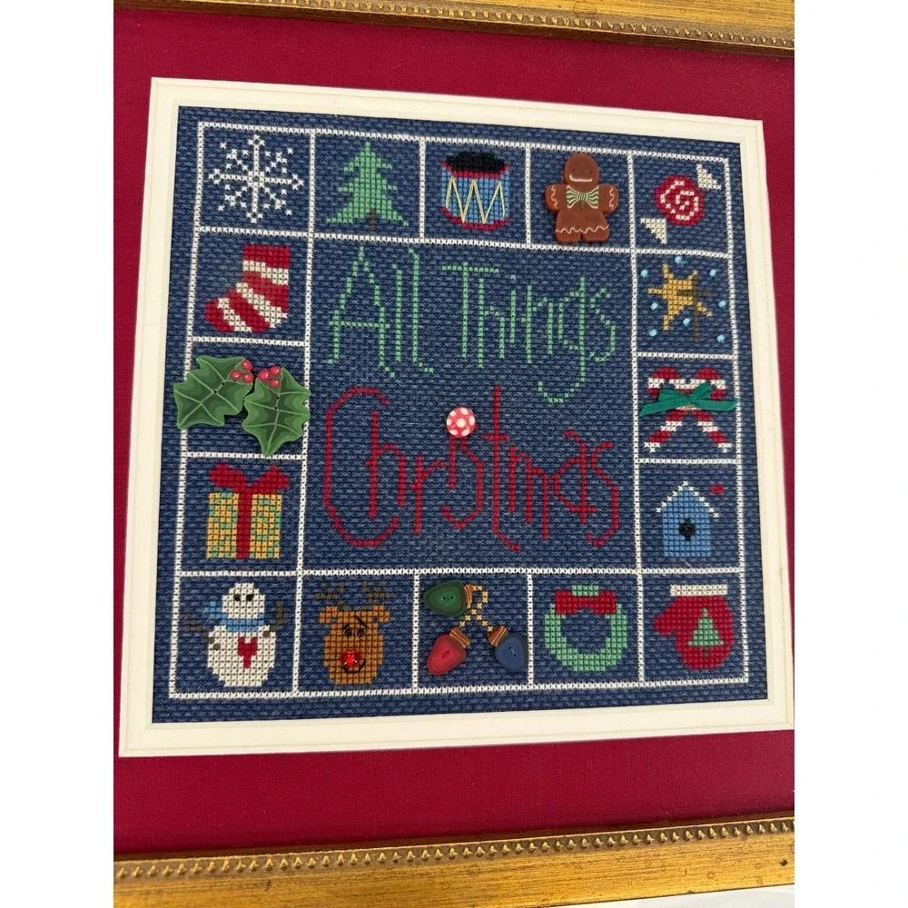 Christmas Cross Stitch Framed Holiday Needlepoint Christmas Lights Wall Art