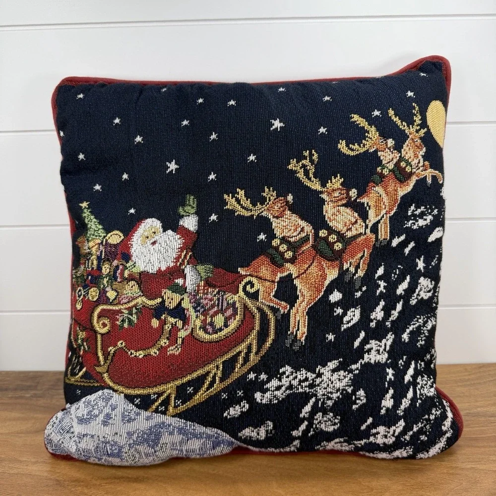 Vintage Christmas Pillow Santa Sleigh Reindeer Cross Stitch Cottagecore Granny