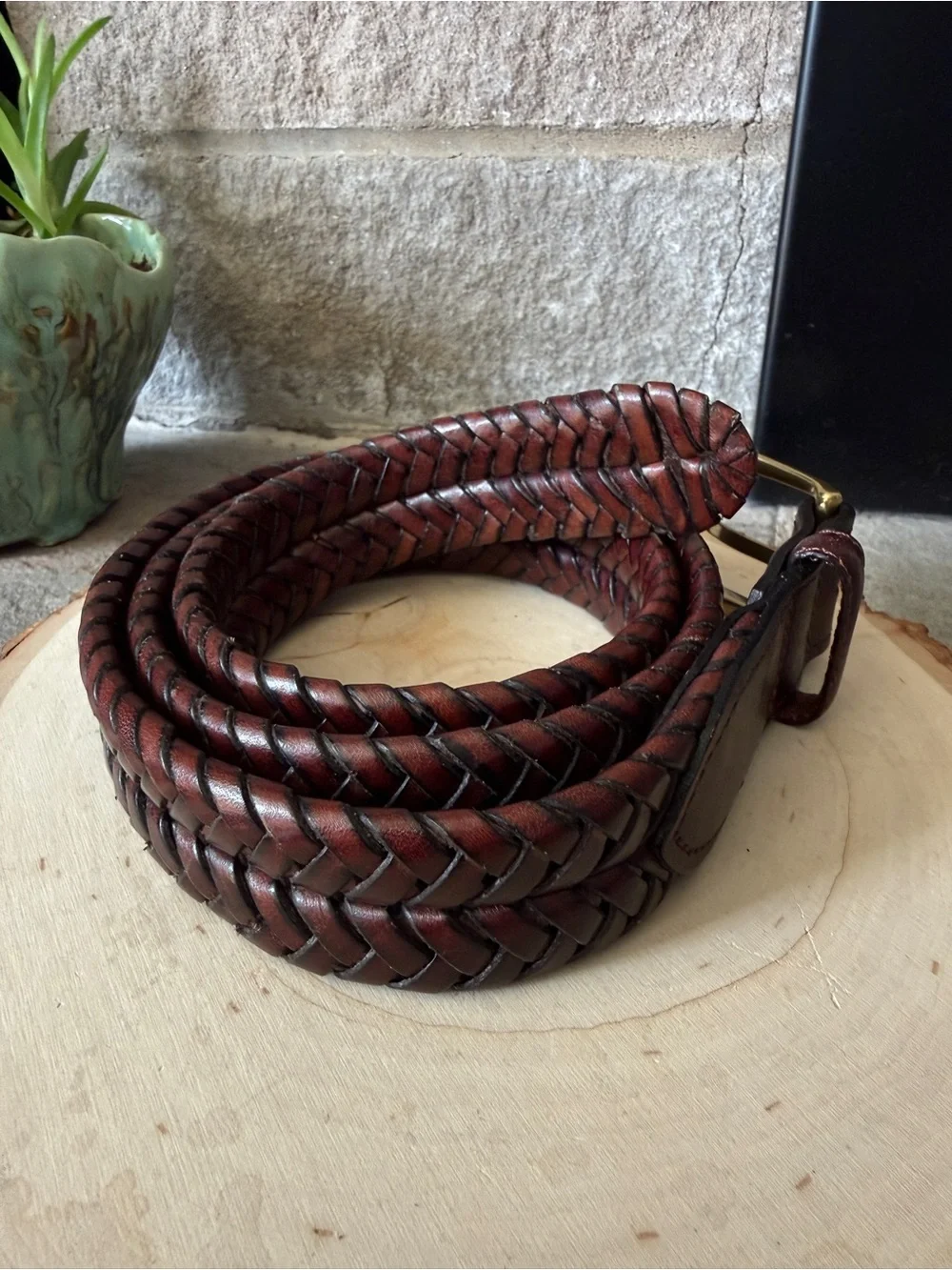 Land’s End Men's Braided Leather Belt in Dark Brown with Brass Buckle