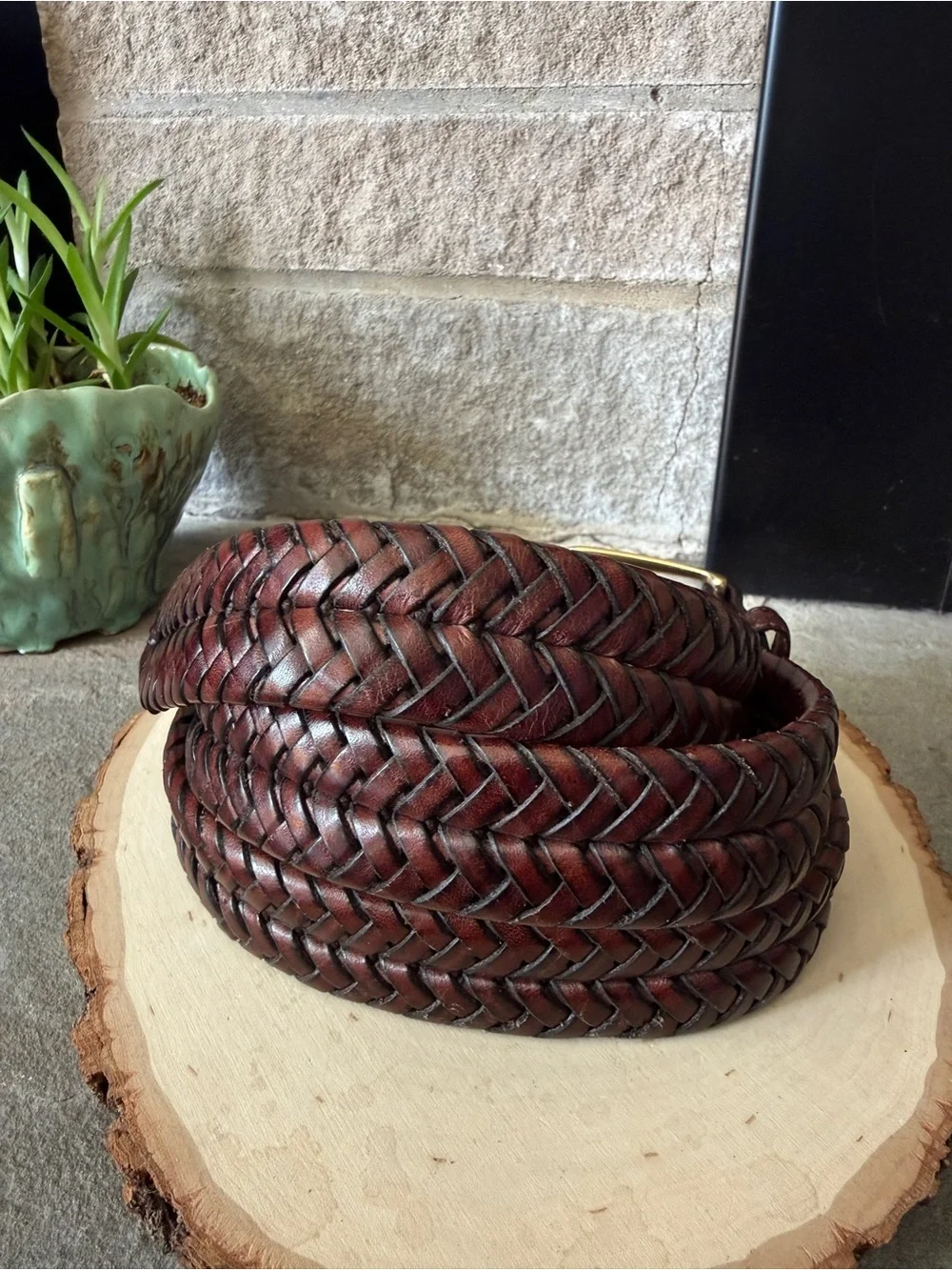 Land’s End Men's Braided Leather Belt in Dark Brown with Brass Buckle