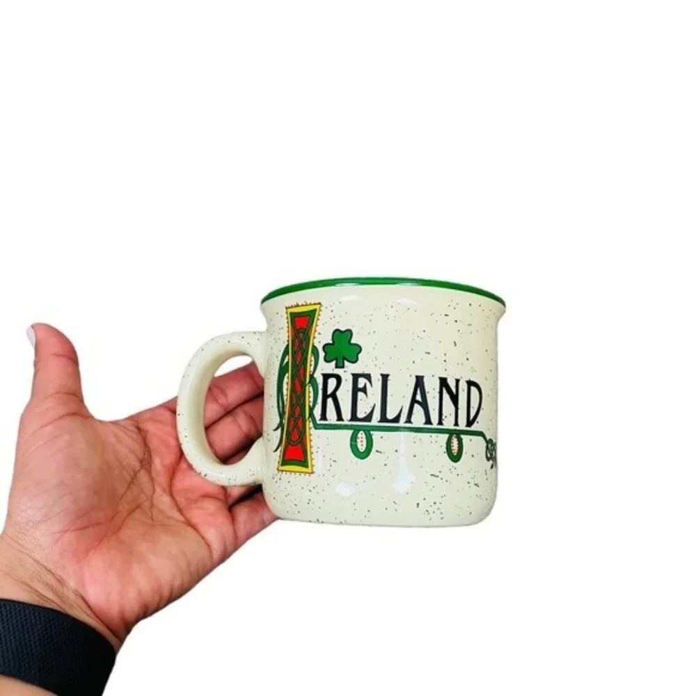 Ireland Shamrock Celtic Campfire Style Ceramic Mug Speckled Green White