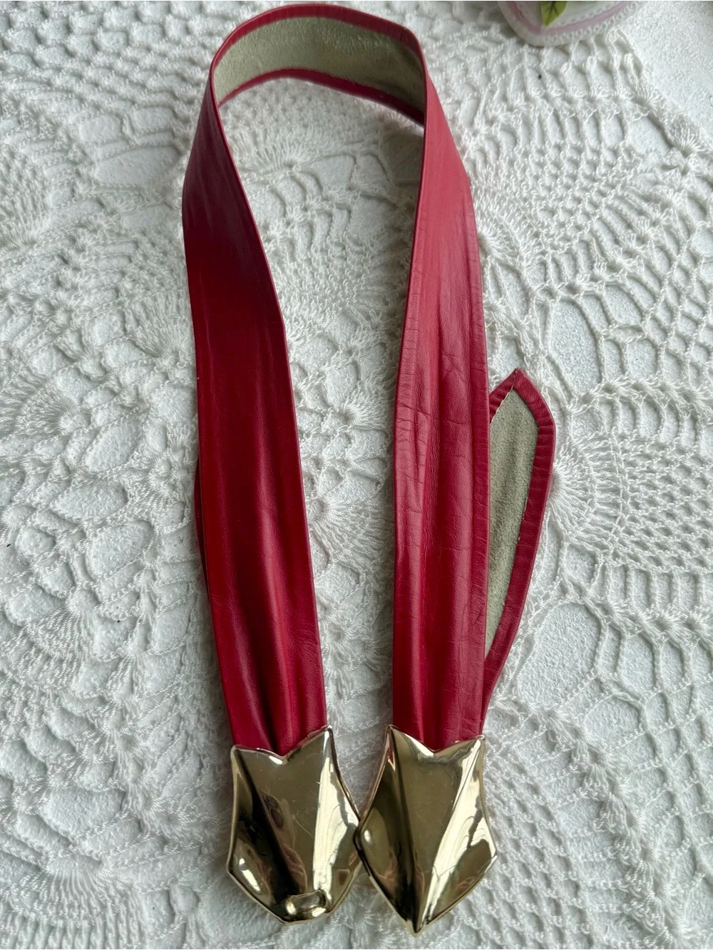Vintage 80s Red Leather Statement Belt Gold Sculptural Buckle Adjustable