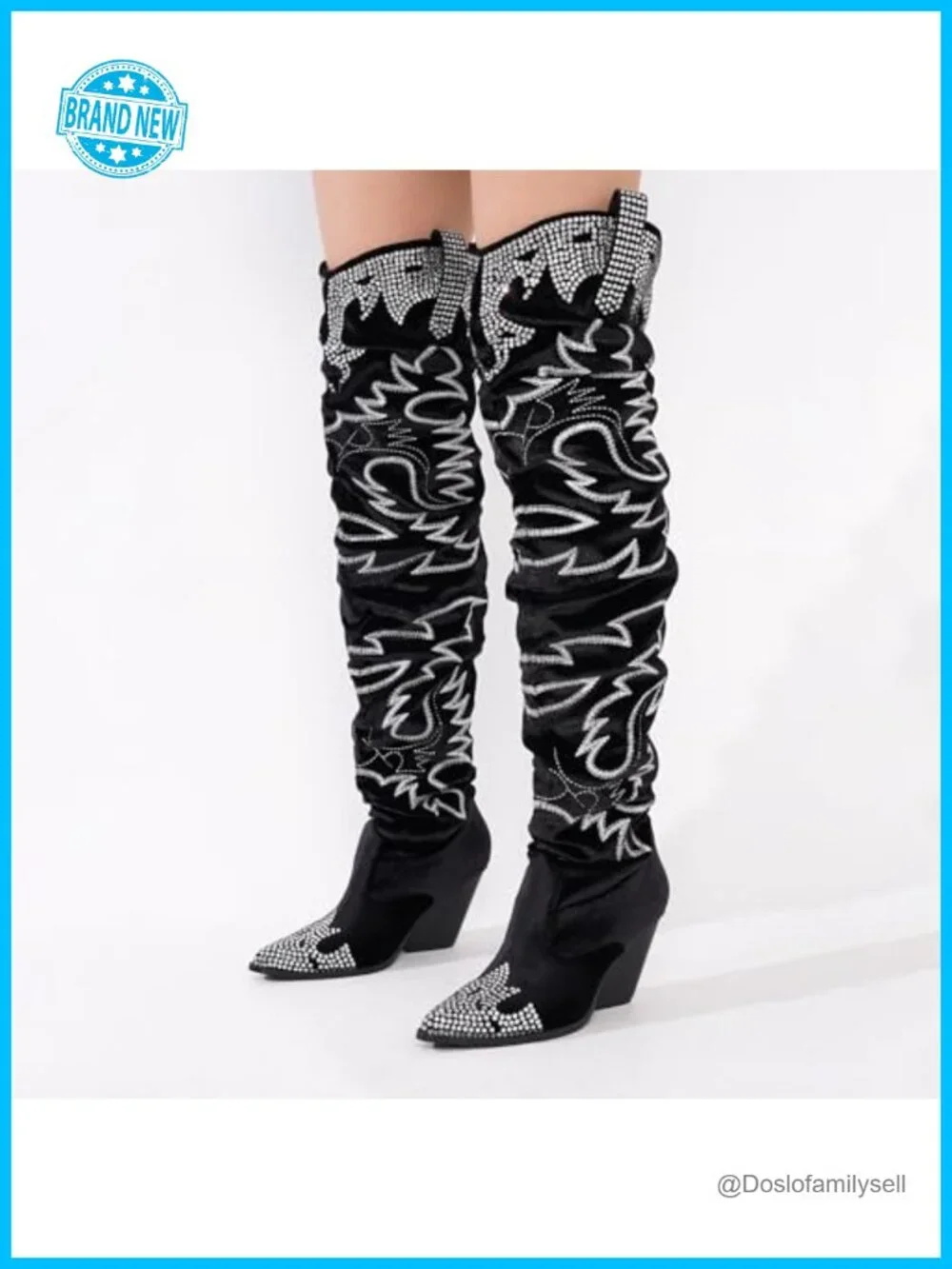 Rhinestone Embroidered Thigh High Slouchy Wide Calf Pull On Boots with Memory