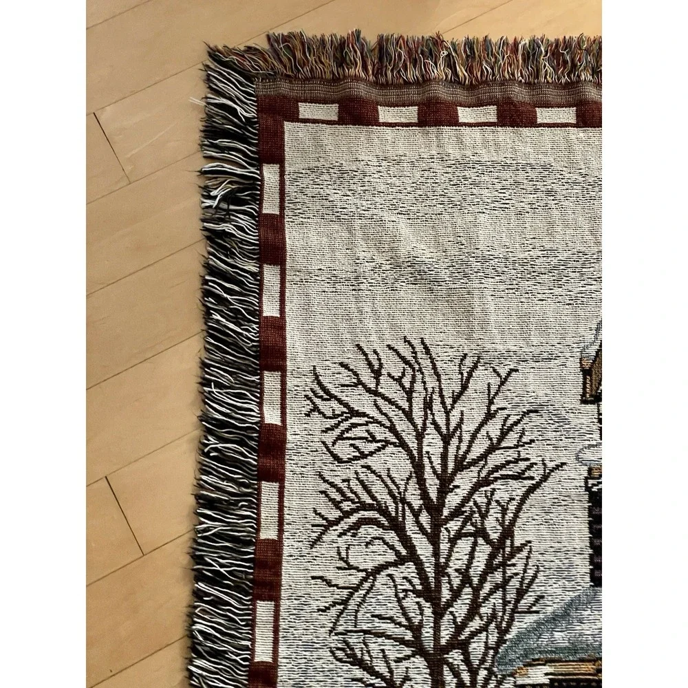 Vintage Winter Christmas Tapestry Blanket Throw Snow Victorian House Snowman Kid