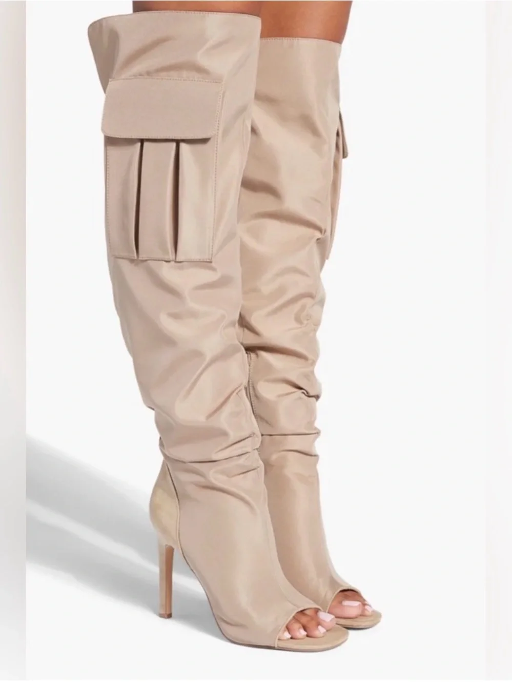 Over-the-Knee Beige Peep-Toe Stiletto Boots with Flap Pocket