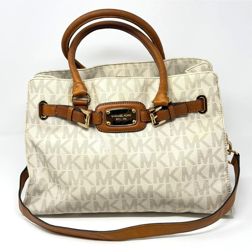 Michael Kors Hamilton Large Satchel Vanilla MK Signature Shoulder Bag Purse