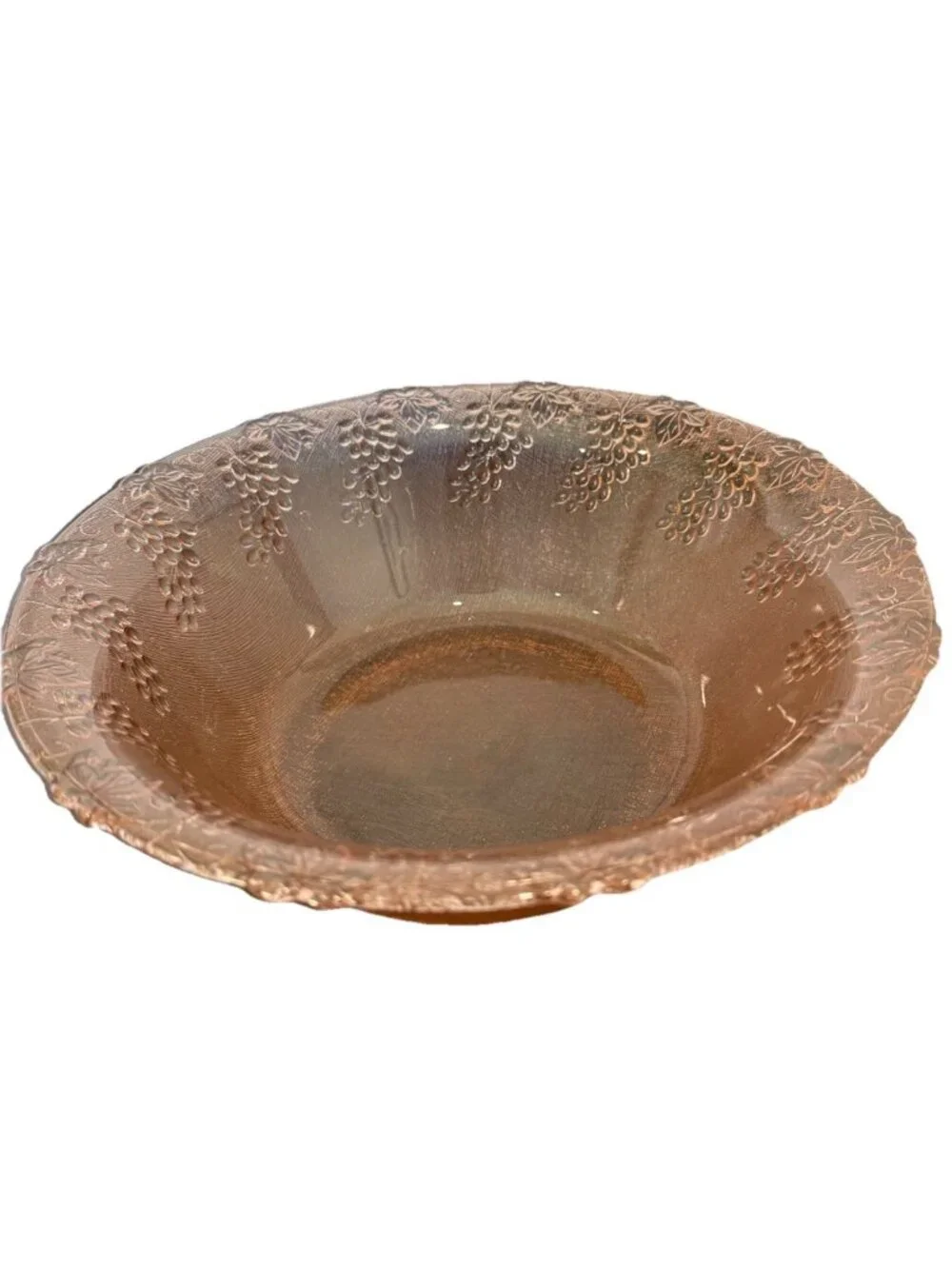 Antique Large Pink Depression Glass Round Fruit Serving Bowl Embossed /Grapes