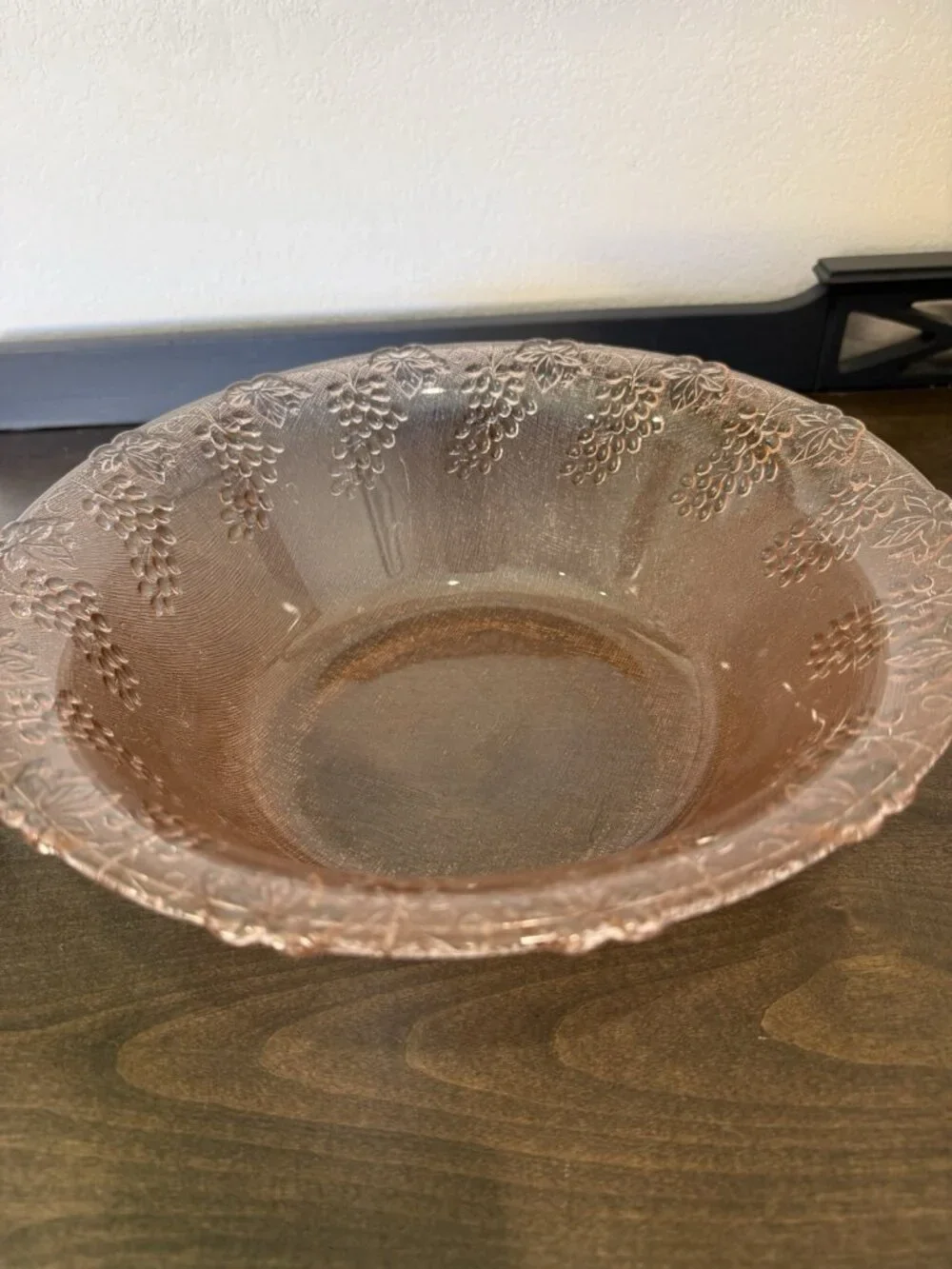 Antique Large Pink Depression Glass Round Fruit Serving Bowl Embossed /Grapes