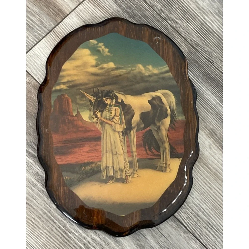 VINTAGE MYTHICAL UNICORN - LACQUERED WOOD ART WALL HANGING PLAQUE