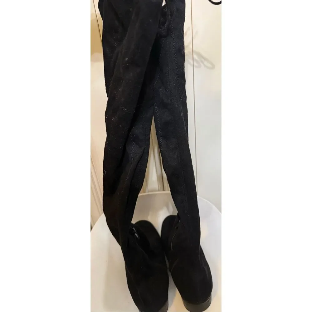 Unisa Women's Faux Suede Tie Back Flat Heel Over the Knee Boots Black Size 7.5