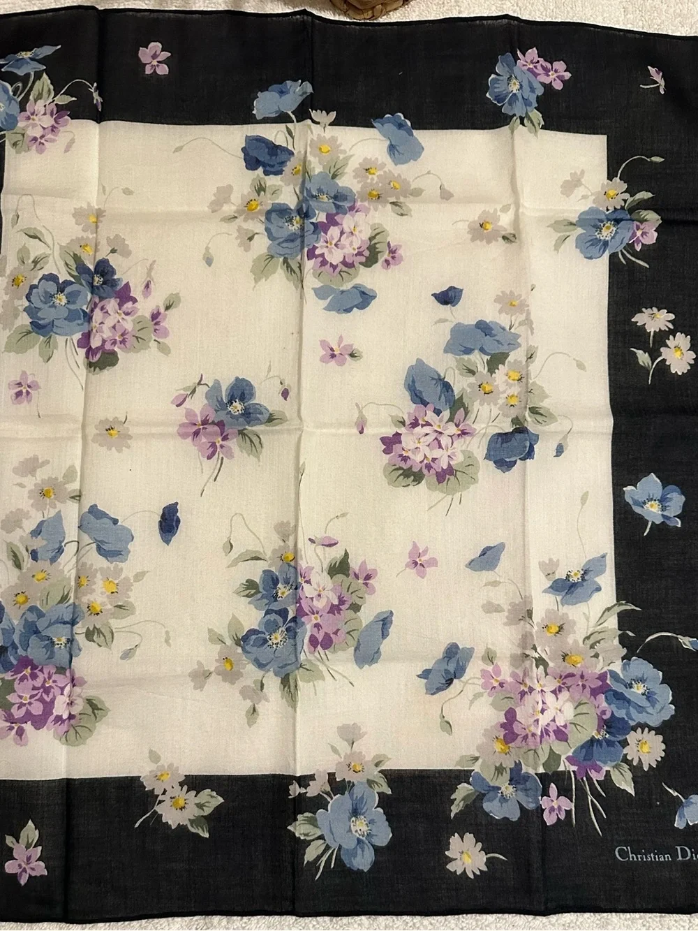 Vintage Christian Dior Floral Cotton Square Scarf Black Border 16.5” EUC