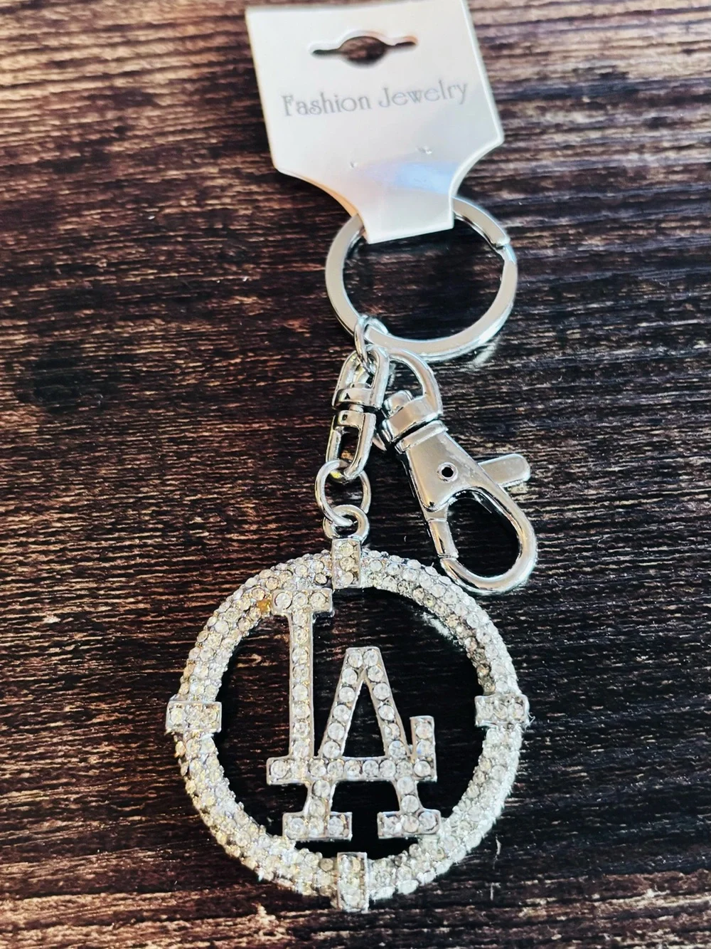 Silver Tone Rhinestone‎ LA Circle Keychain