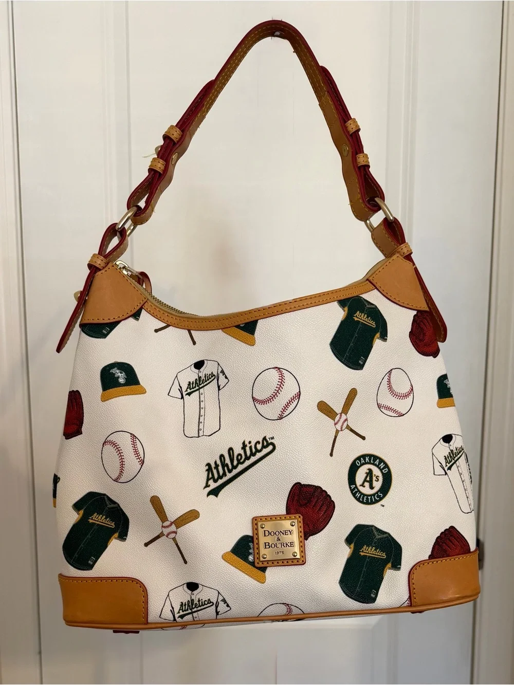 Dooney & Bourke White Oakland Athletics Print Hobo Bag Tan & Burgundy Trim Purse