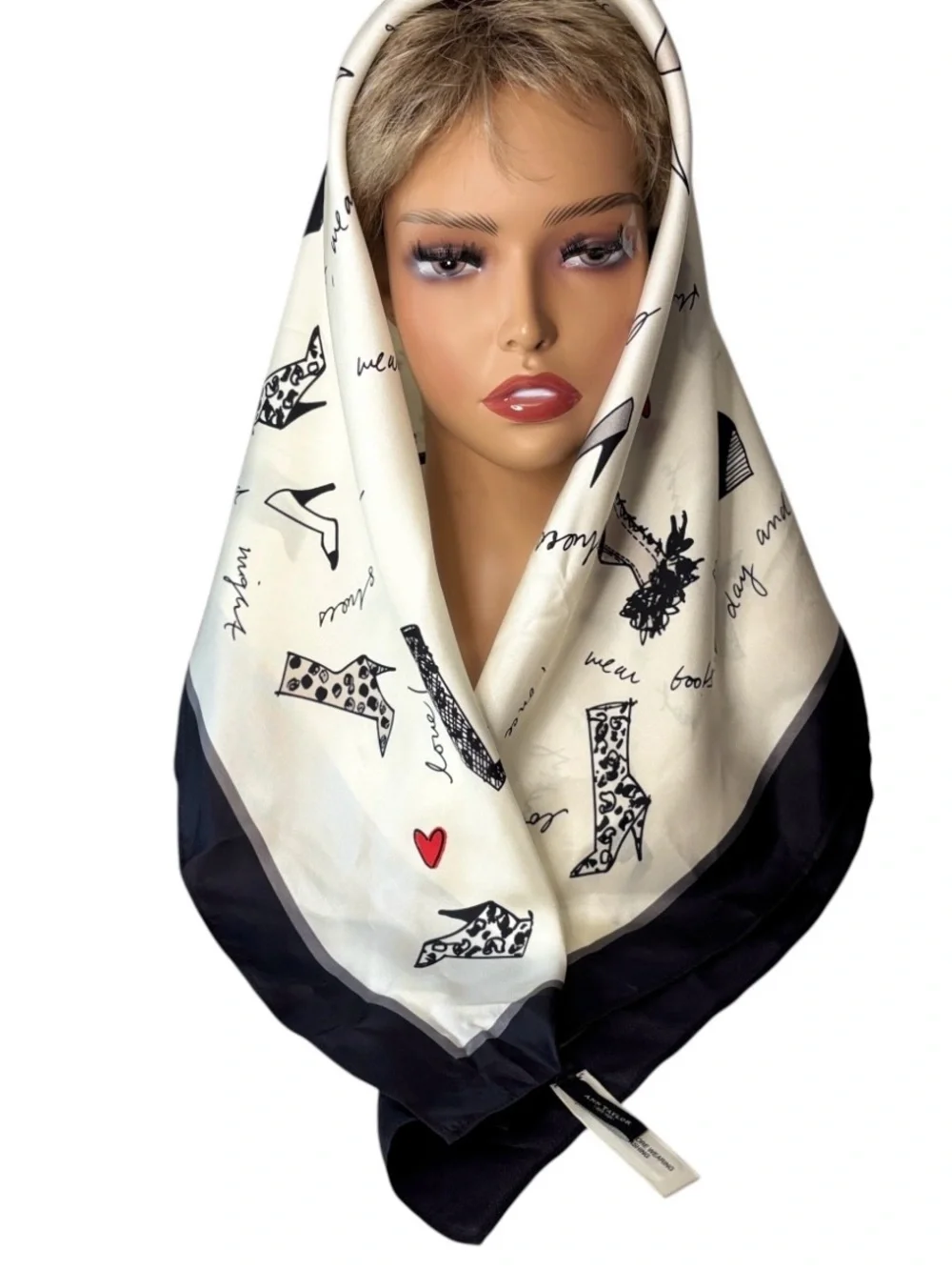 NEW Ann Taylor Shoe Print Silky Satin Square Scarf Black White Red Hearts NWT