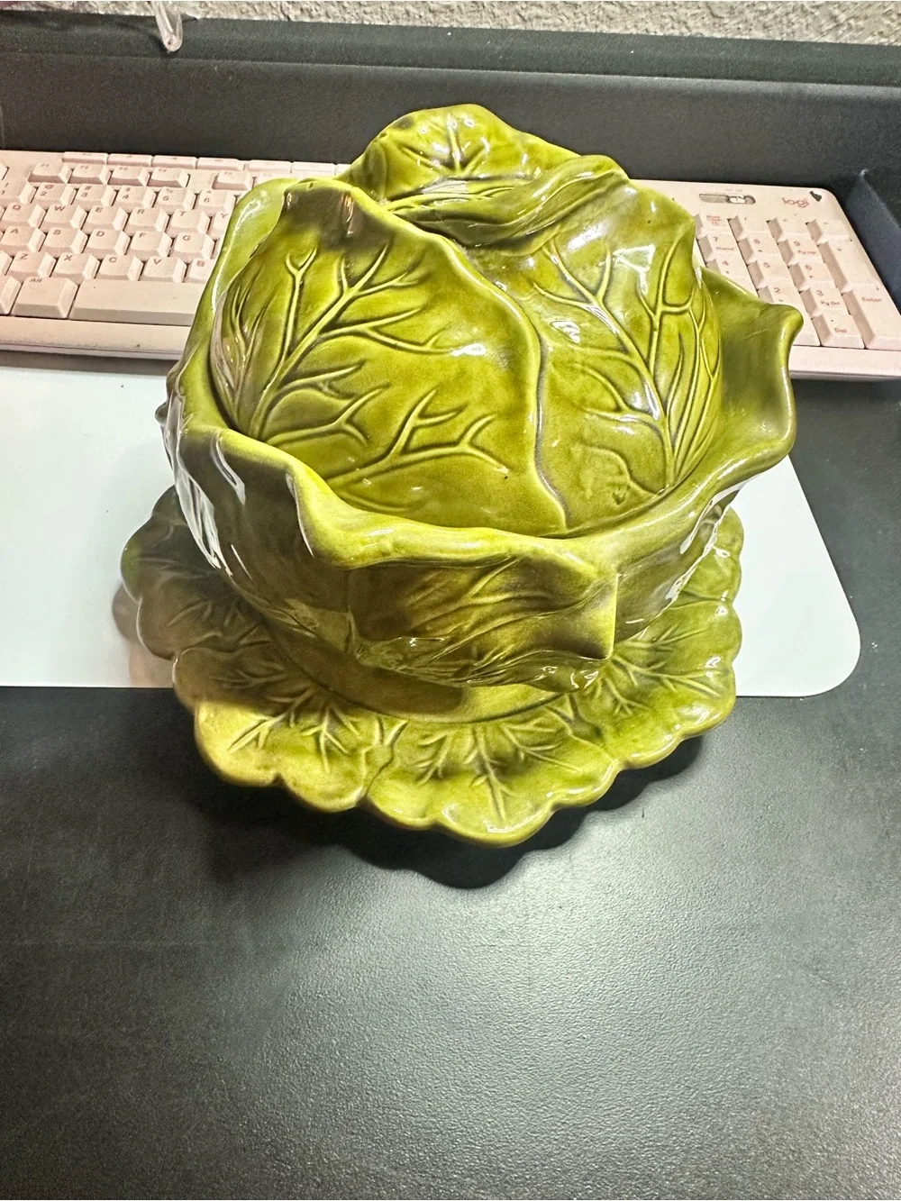 Green Ceramic Leaf Bowl with Matching Saucer - Decorative Dinnerware