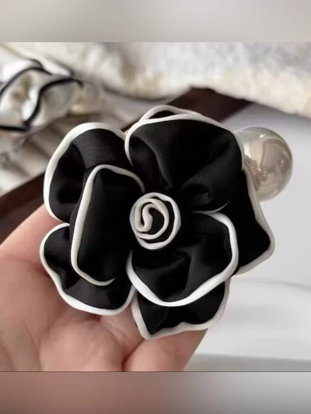 Camellia White -Trim Ivory Satin  Flower Hair Clip With Faux Pearl Embellishment