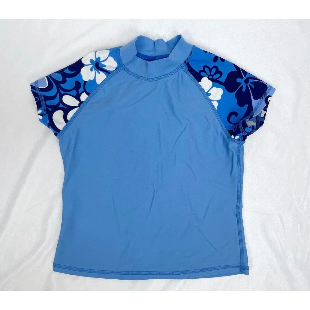 L.L. Bean Blue Size 8 Girl Rash Guard Swim‎ Top Short Sleeves Floral