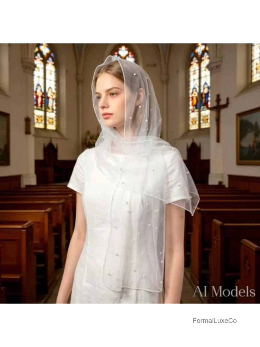 Rectangle Pearl Veil Scarf Shawl Lace Head Covering Wedding Prayer Mantilla