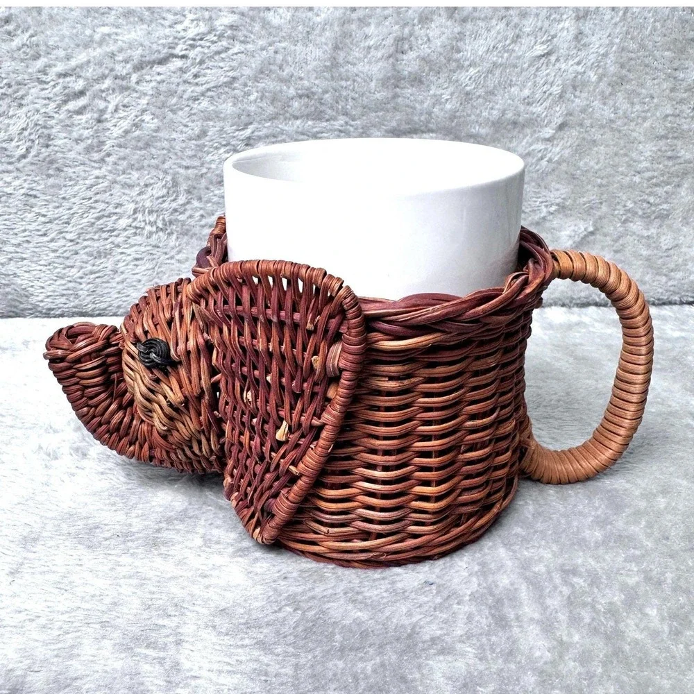 Elephant Mug Vintage Wicker Basket‎ Holder w/ White Ceramic Cup Cottagecore Boho