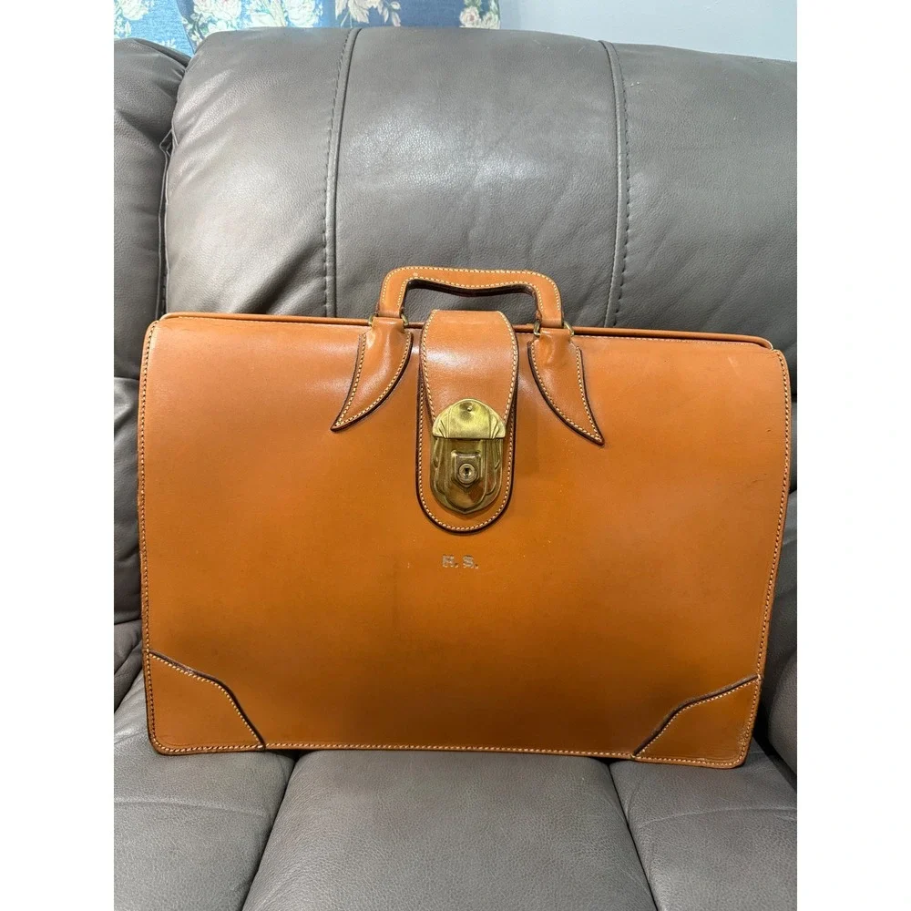Vintage Tan Leather Briefcase Brass Lock Accordion Document Bag  H.S.‎