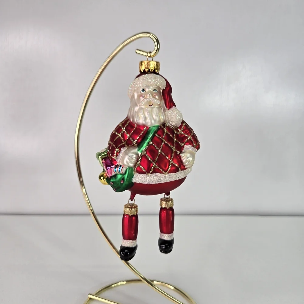 VTG Blown Glass Santa Hanging Ornament With Dangling Legs Toy Sack and Tree‎