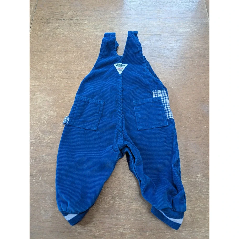 Vintage OshKosh Bgosh Blue‎ Corduroy Overalls Plaid Patch USA Made Kids 12M