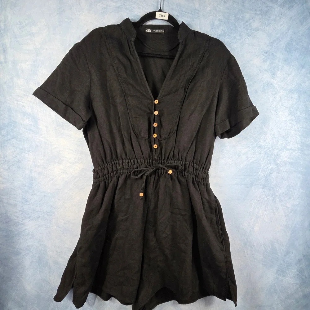 Zara Black Linen Blend Short Sleeve Button Front Drawstring Romper‎ Womens M