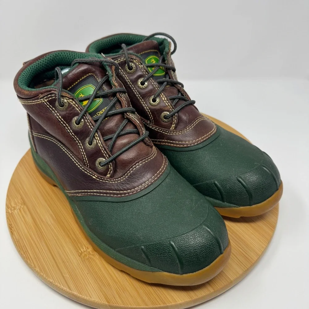 John‎ Deere Mens Leather Duck Boots Green Brown Lace Up Ankle JD3413 Size 10M