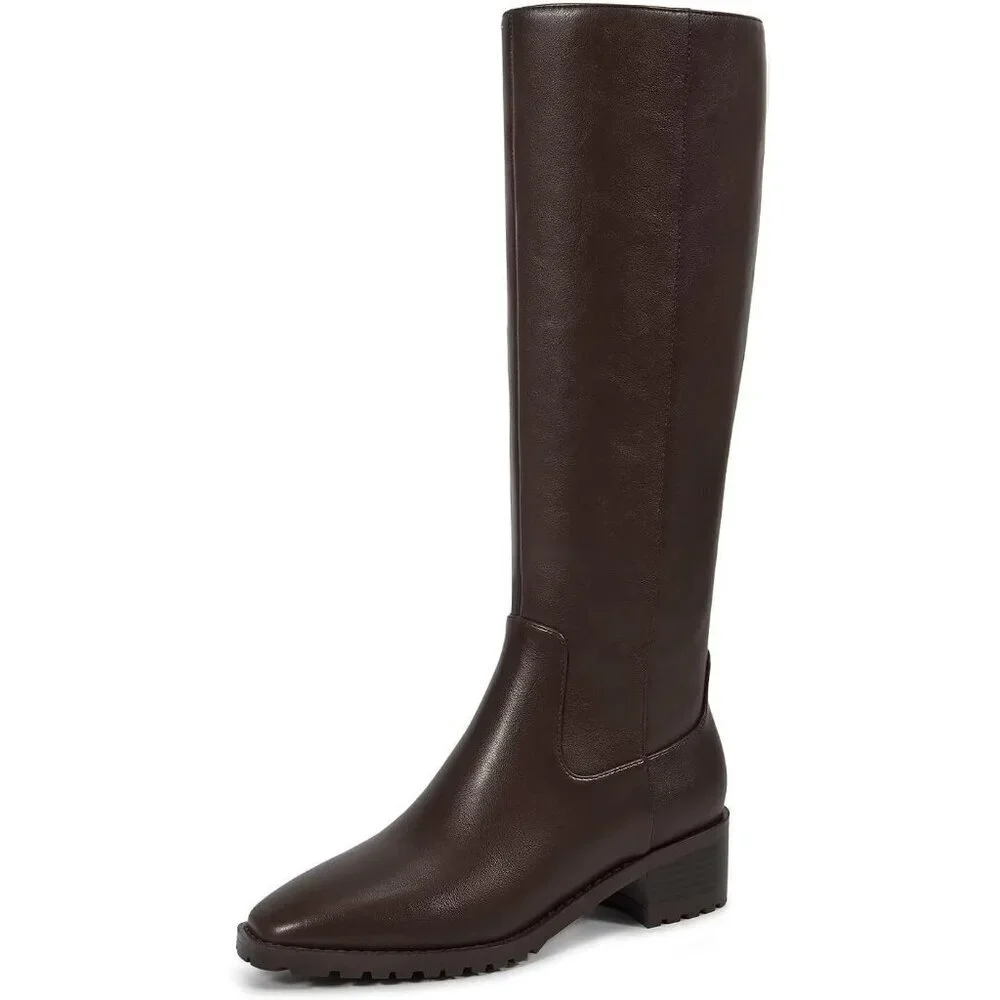 Women Brown Chunky Low Heel Square Toe Elastic Tall Boots Side Zipper PU Lea