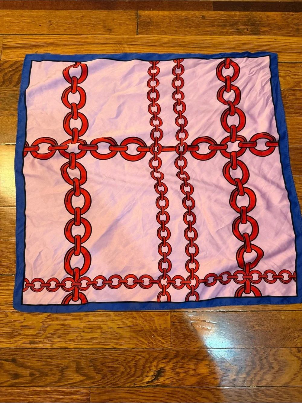 Bershka Pink Scarf with Red Chain Print and Blue Border