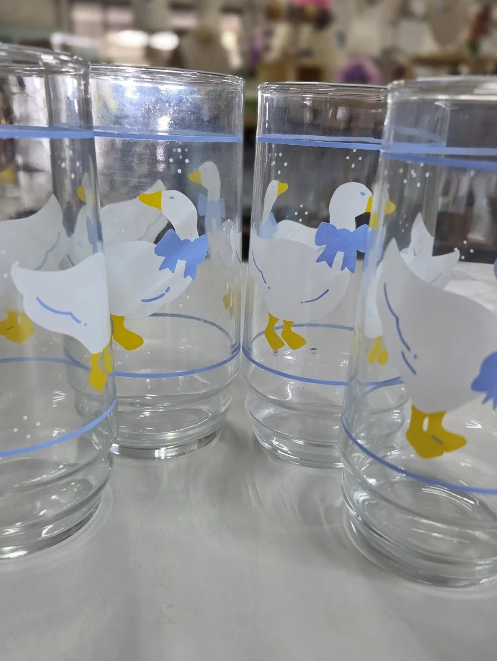 Vtg 1980s Country Goose Drinking Glasses Set of 8 | Blue Bow Farmhouse Tumblers