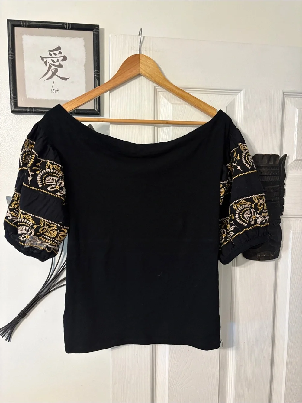 Free People Black Off-Shoulder Top with Gold Embroidered Puff Sleeves
