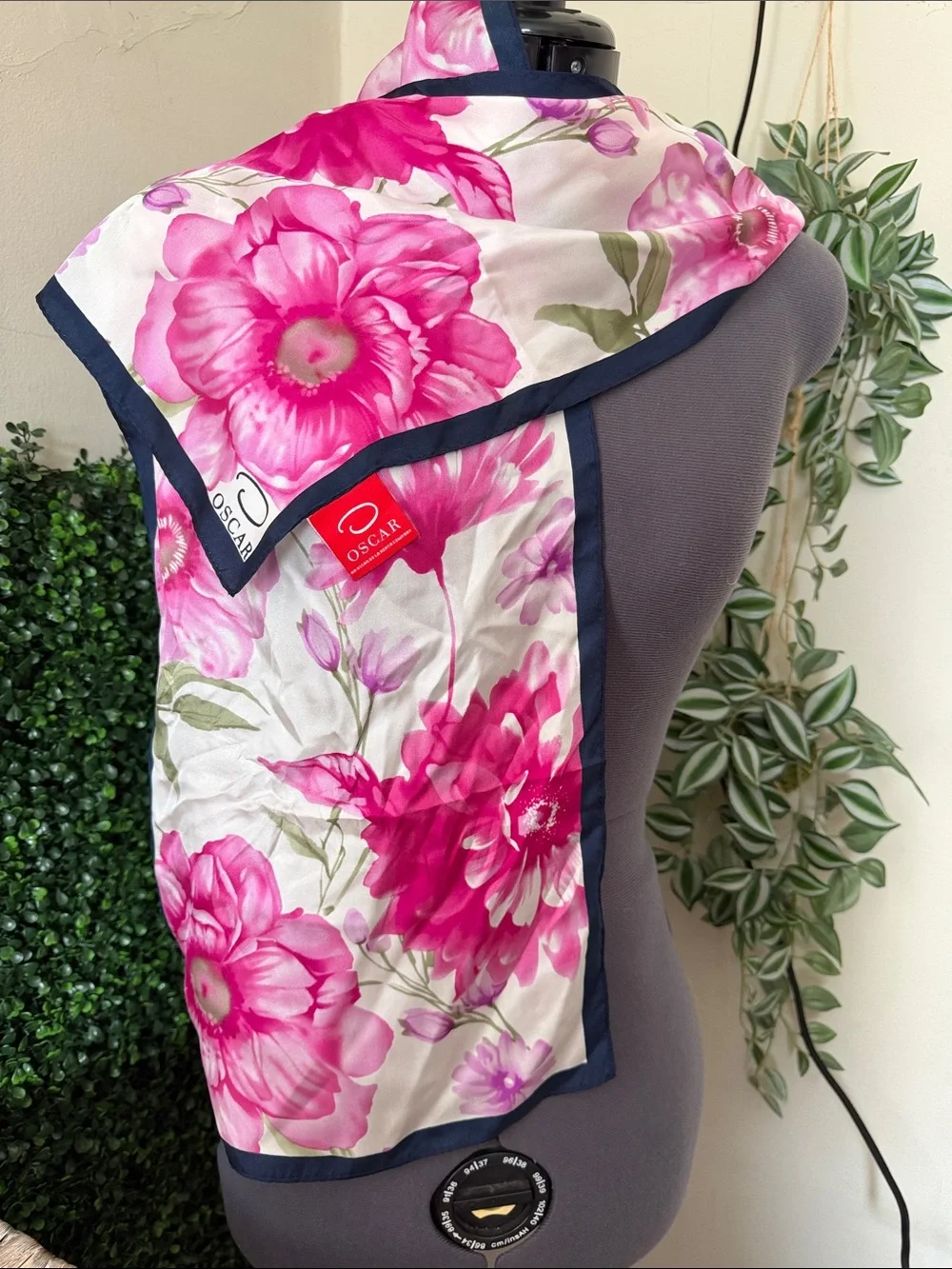 Oscar de la Renta Pink Floral Silk Scarf with Navy Trim