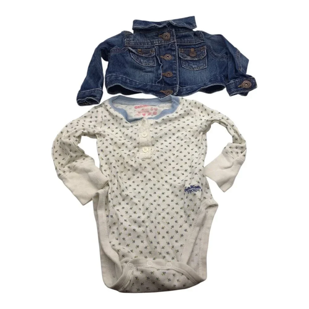 Lot of 2 OshKosh Baby Girl Size 6 Months Floral White Bodysuit Denim Blue Jacket