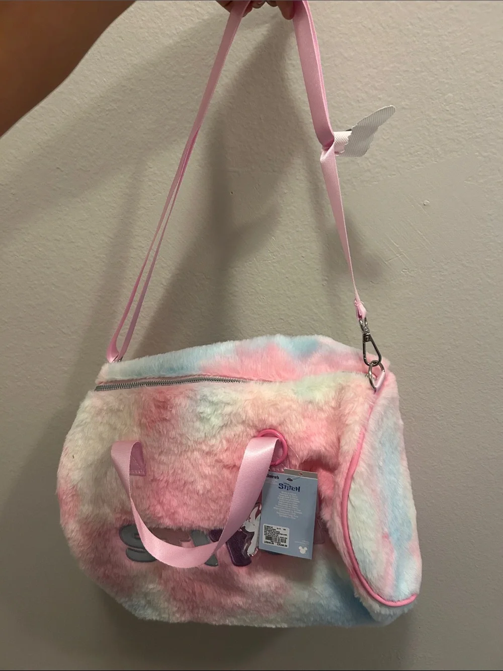 Claires Pastel Pink & Blue Fuzzy Stitch Travel Tote