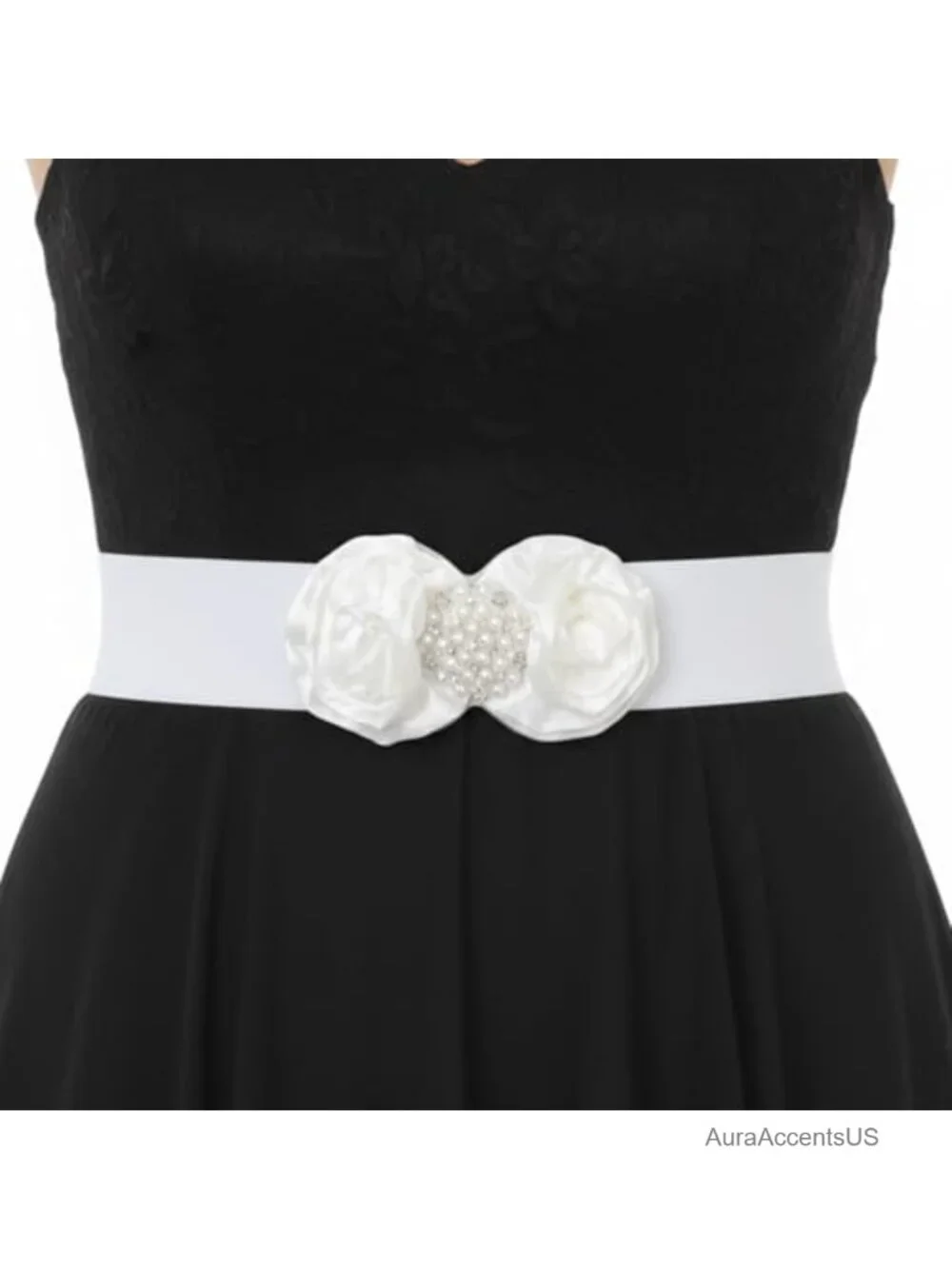 Wide Stretchy Belt with Pearl Flower Detail Elastic Formal Waist Belt