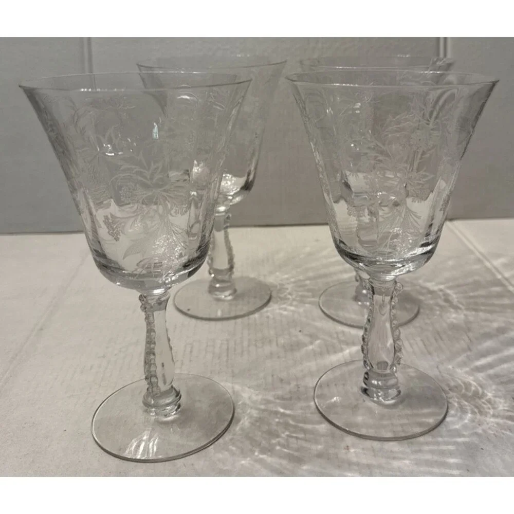 Fostoria Heather Crystal Etched Champagne Goblets Wine Glasses (Set of 4) 7.25