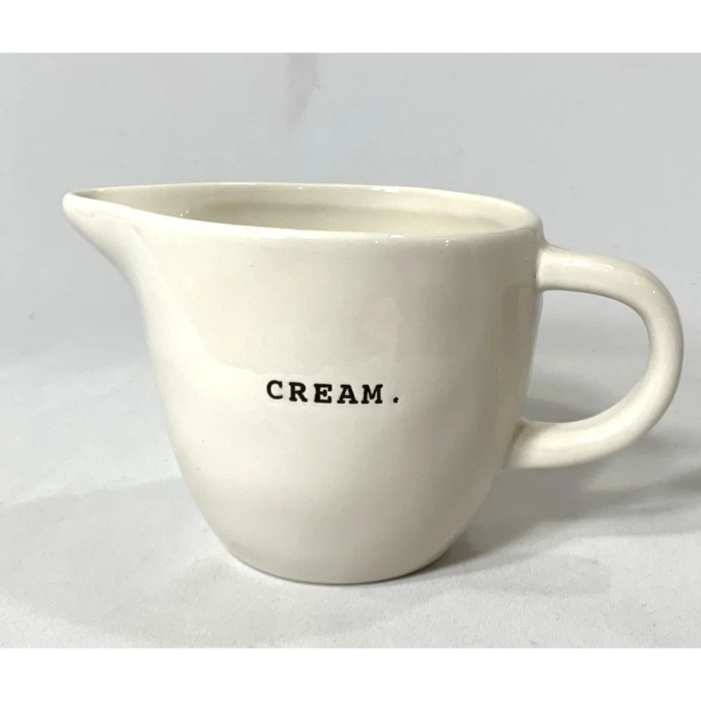 Rae Dunn Cream Pitcher Ceramic Ivory‎ Typewriter Font Artisan Magenta EUC