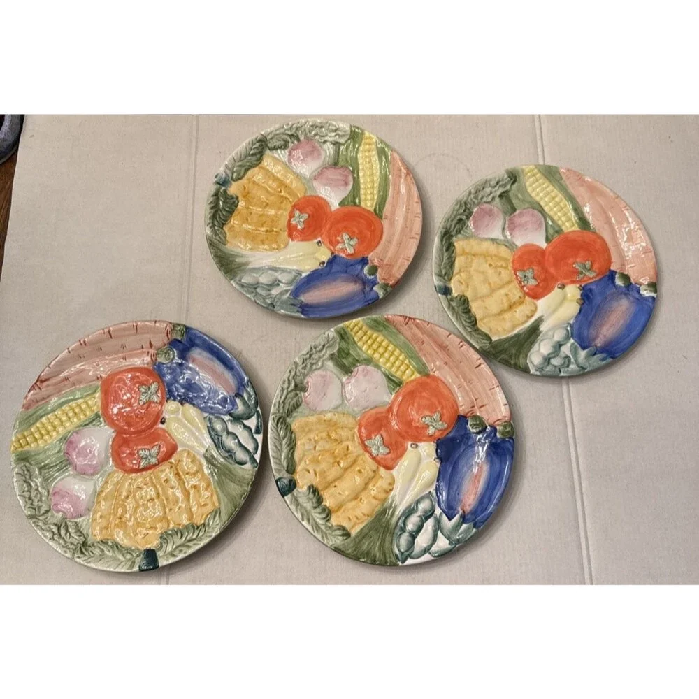 Vintage Fitz & Floyd Canape Luncheon Plates (4) Vegetable Garden 7-5/8