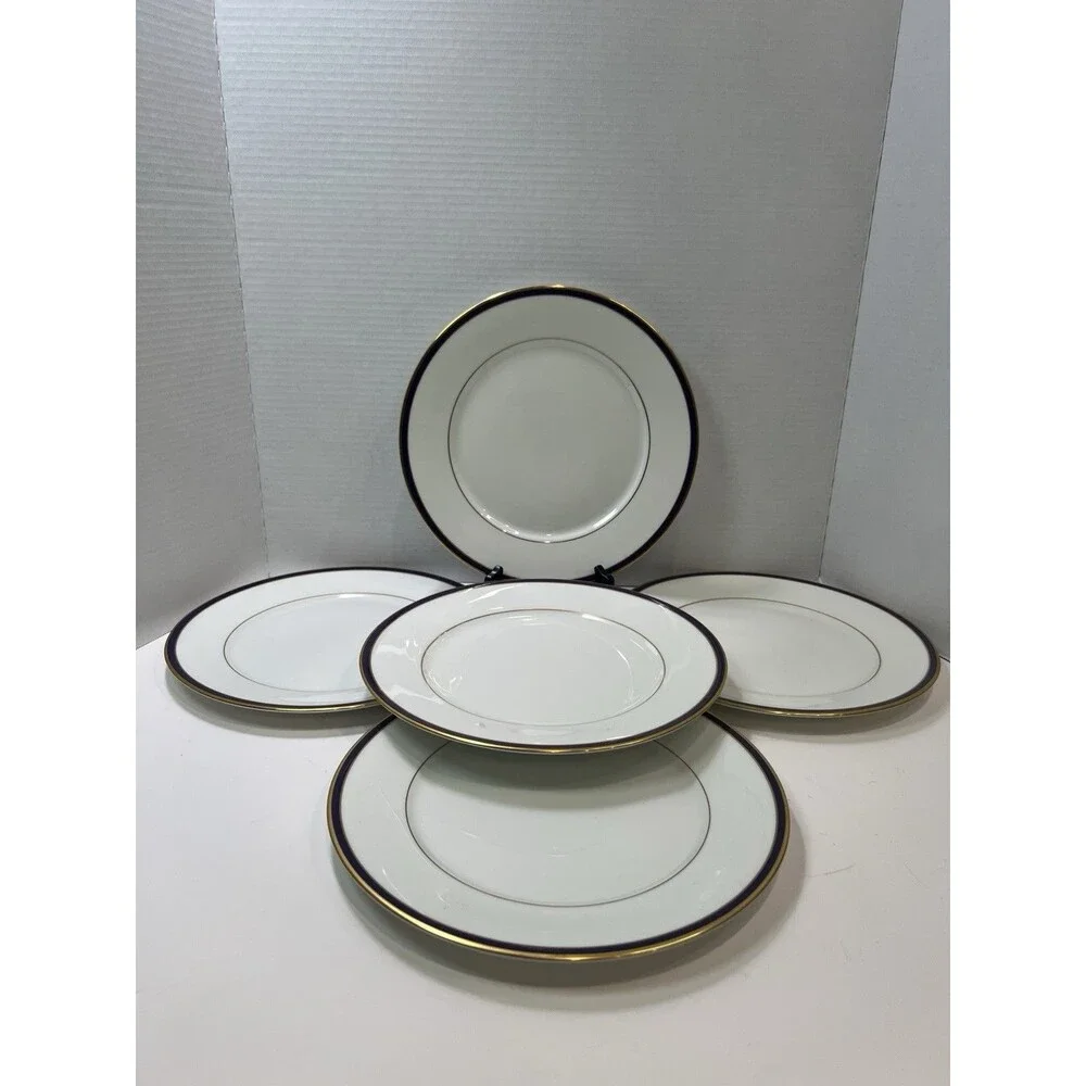 Lenox Oxford Annapolis Blue Bone China Gold Trim Dinner Plate Set Of 5