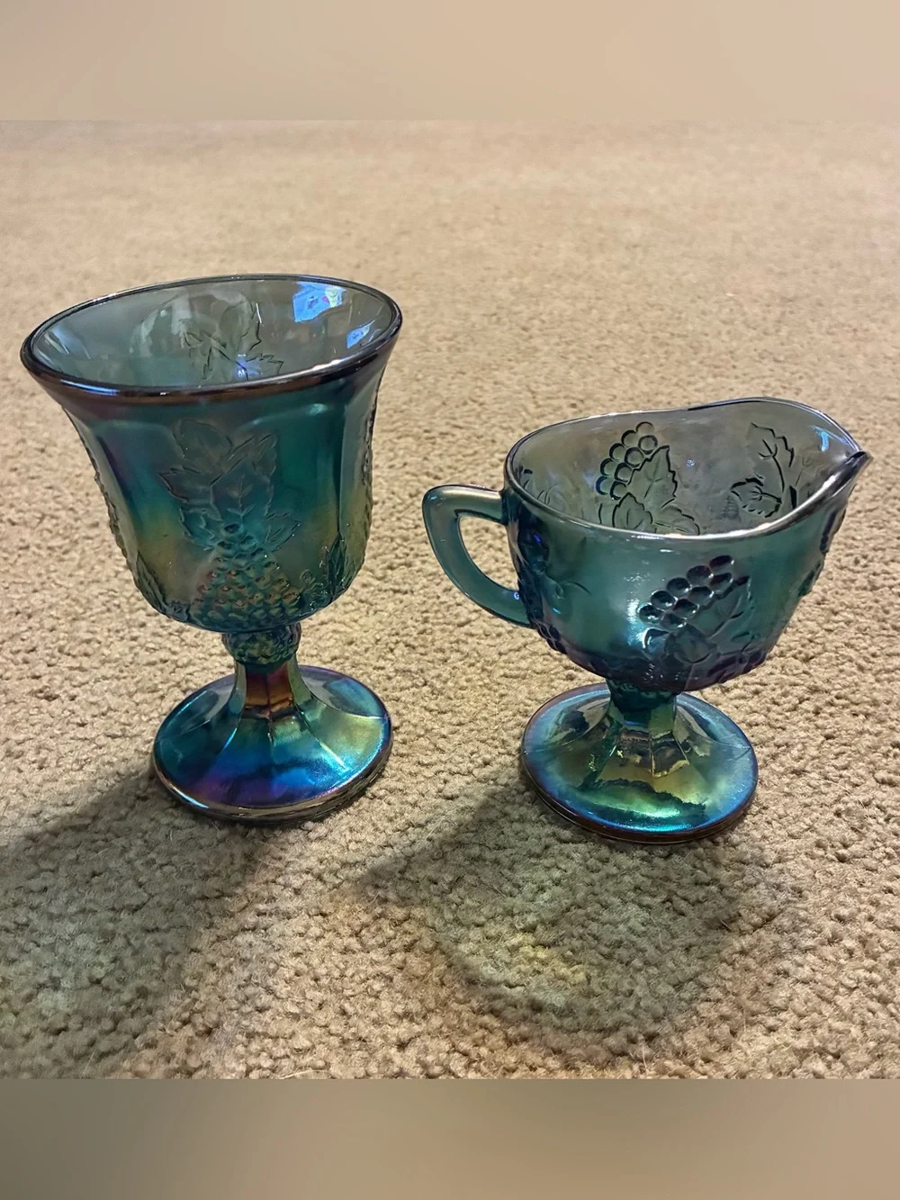 Indiana Glass Iridescent Blue Carnival Harvest Grape Cream & Sugar